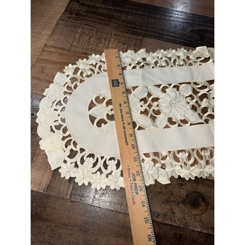 Vintage Jabara Embroidered Cutwork Table Runner Cream Floral 34x13 Dresser Scarf